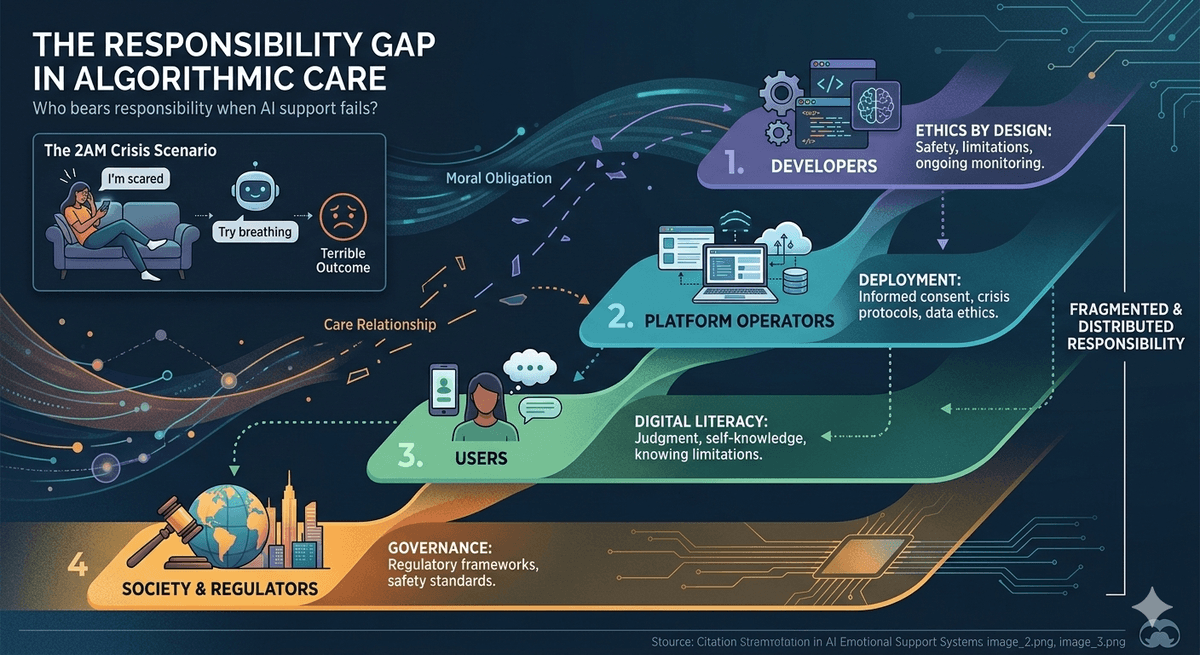 Diagram illustrating the four layers of responsibility in algorithmic care: (1) Developers — ethics by design, safety, ongoing monitoring; (2) Platform Operators — informed consent, crisis protocols, data ethics; (3) Users — digital literacy, judgment, knowing limitations; (4) Society and Regulators — governance frameworks and safety standards. The left side shows the 2AM crisis scenario: a person types 'I'm scared', the AI responds 'Try breathing', leading to a terrible outcome. The right side labels the result: Fragmented and Distributed Responsibility.